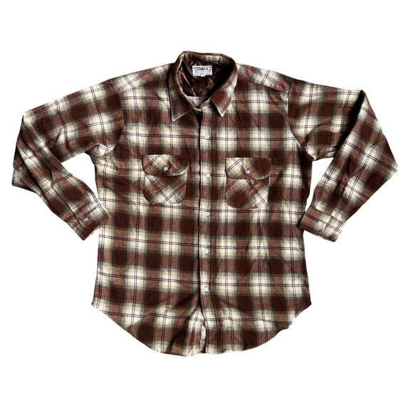 Vintage 911 Brown Plaid‎ Flannel Shirt Mens L 70s Chest Flap Pockets Soft Button - Picture 1 of 6